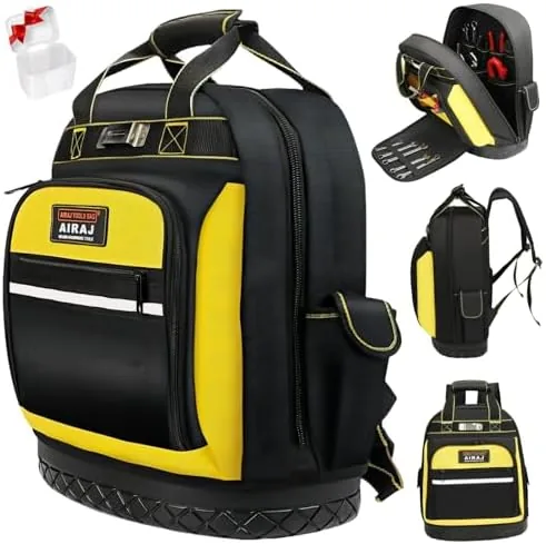 airaj pro tool backpack17heavy duty tool backpack bag with waterproof molded basedurable multi use pocket electrician industrial construction work backpackblackyellow